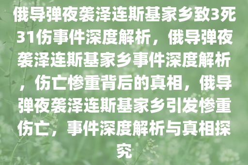 俄导弹夜袭泽连斯基家乡致3死31伤事件深度解析，俄导弹夜袭泽连斯基家乡事件深度解析，伤亡惨重背后的真相，俄导弹夜袭泽连斯基家乡引发惨重伤亡，事件深度解析与真相探究